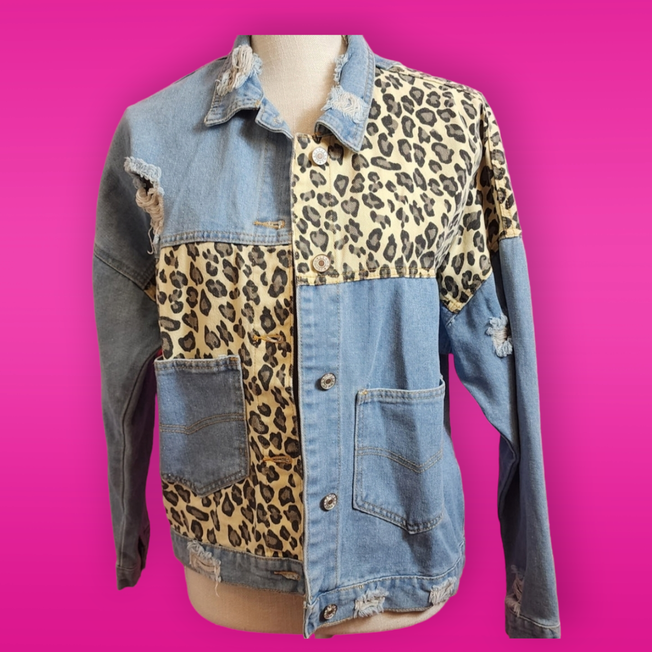 Distressed Denim Animal Print Jacket