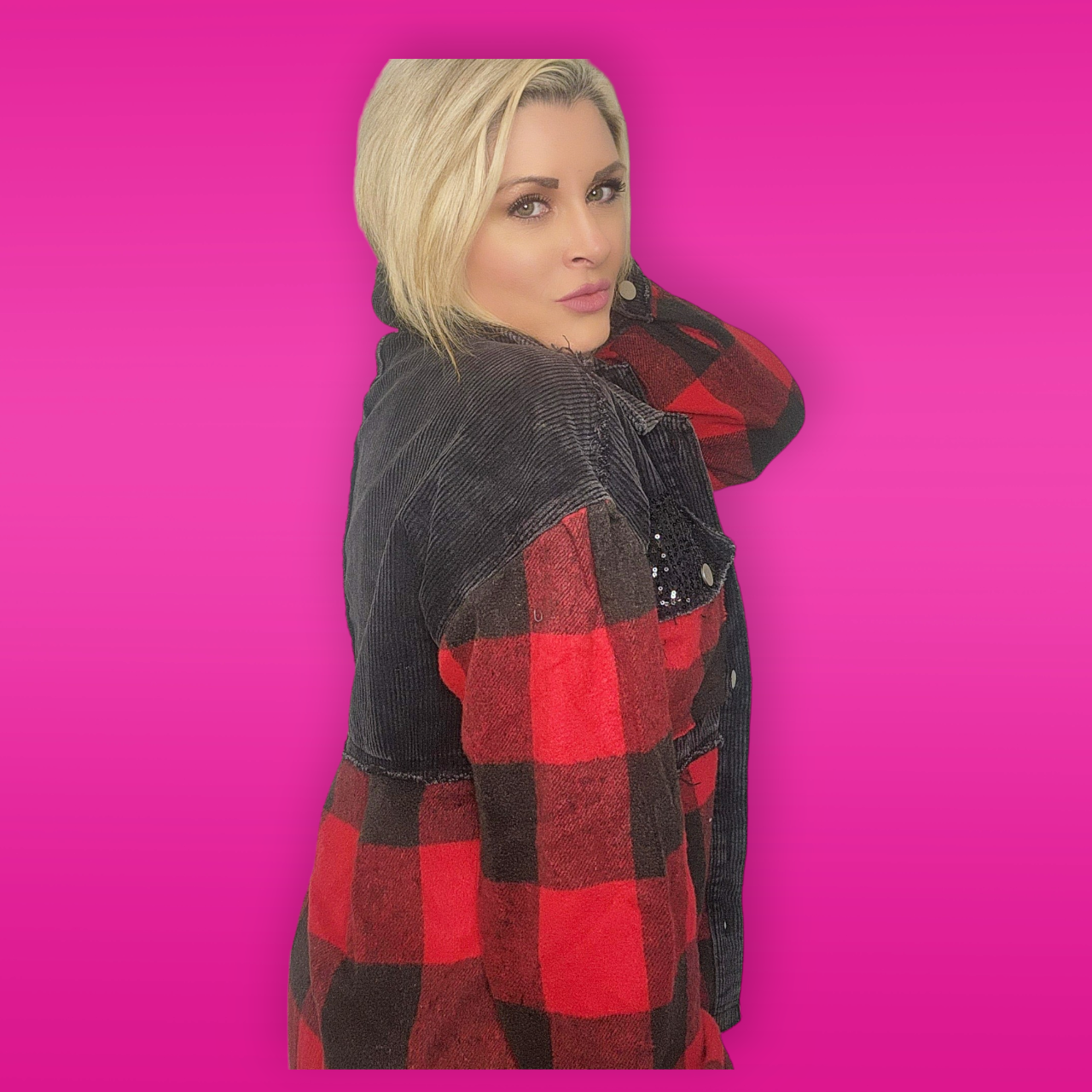 Layla Buffalo Plaid Cord Sequin Acid Wash Shacket