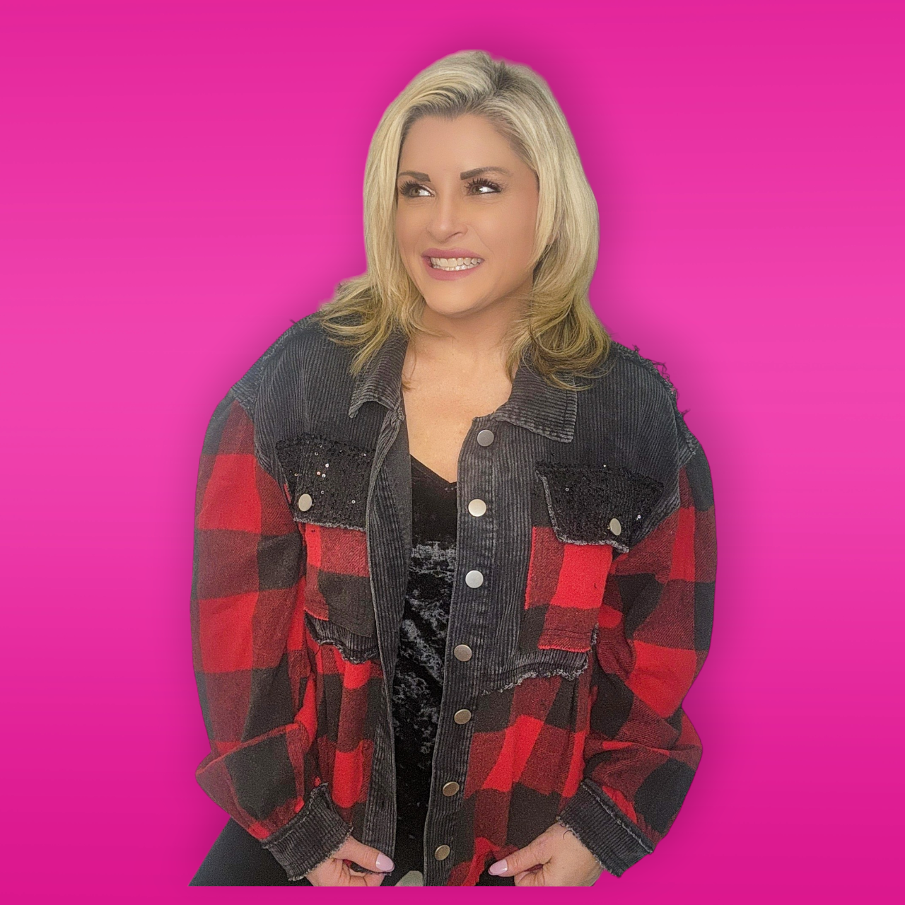 Layla Buffalo Plaid Cord Sequin Acid Wash Shacket