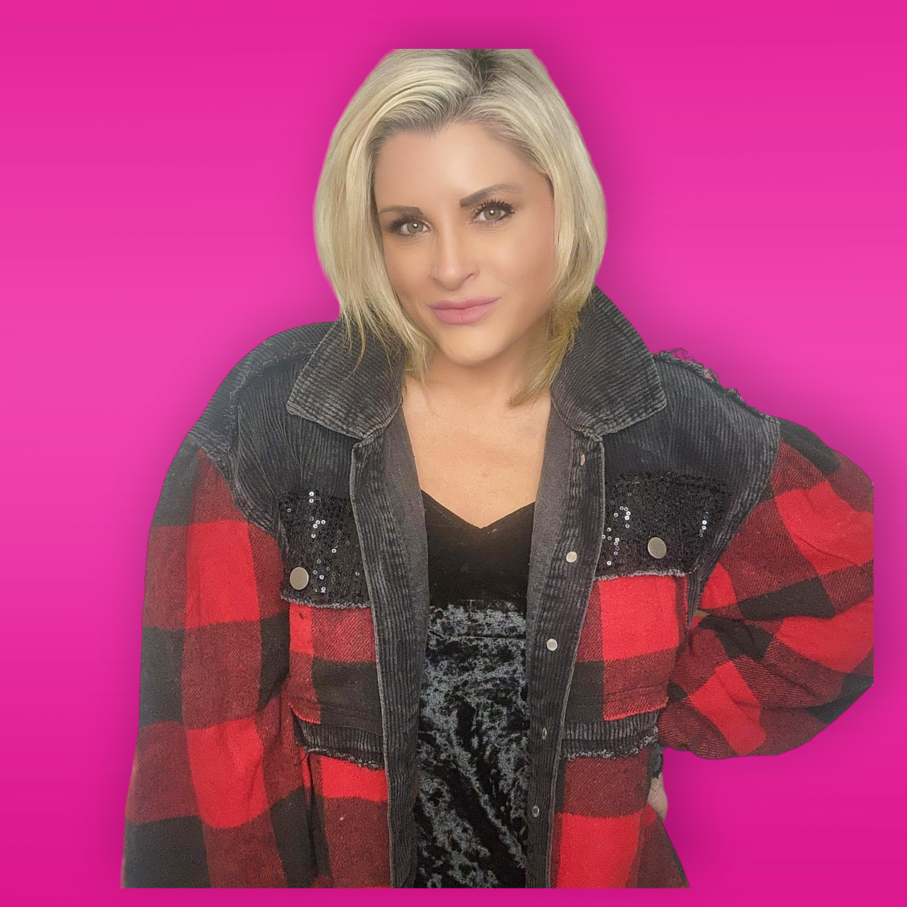 Layla Buffalo Plaid Cord Sequin Acid Wash Shacket