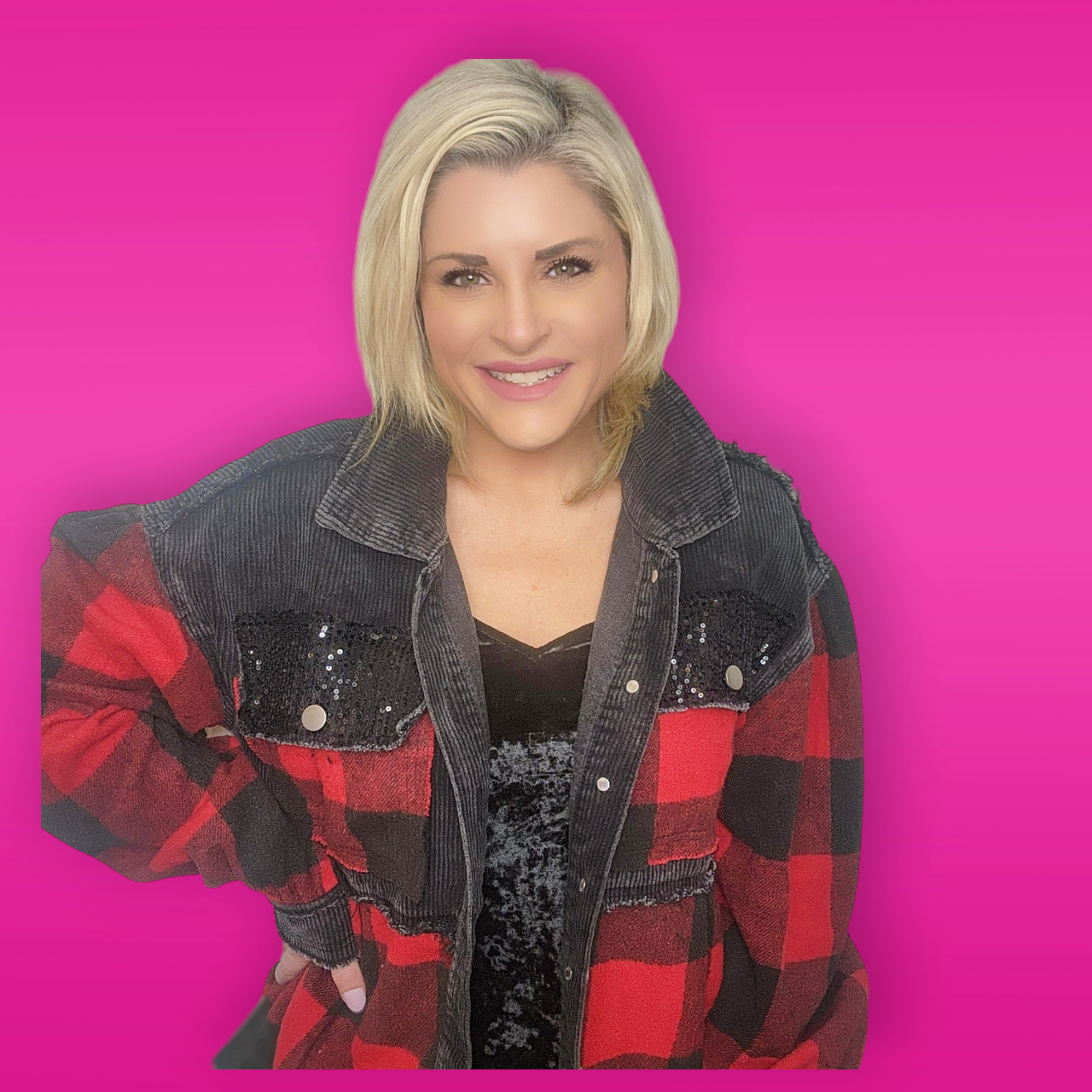 Layla Buffalo Plaid Cord Sequin Acid Wash Shacket