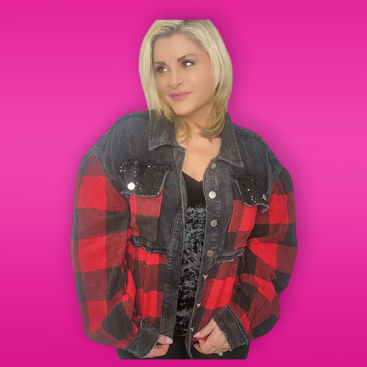 Layla Buffalo Plaid Cord Sequin Acid Wash Shacket