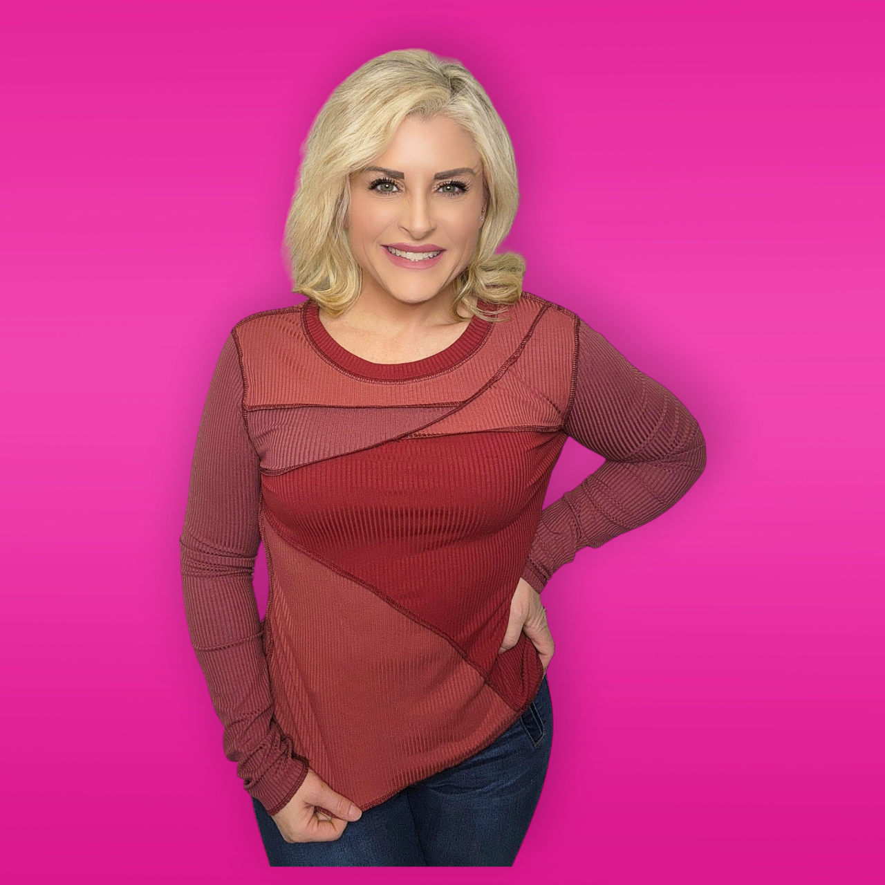 Exposed Seam Color Block Ribbed Knit Top