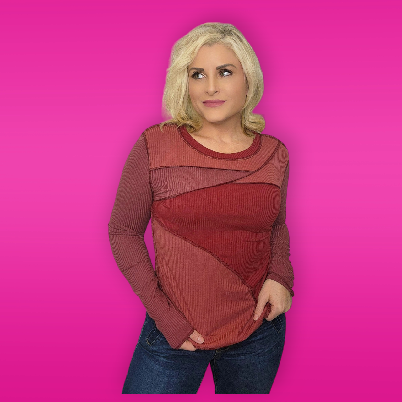 Exposed Seam Color Block Ribbed Knit Top