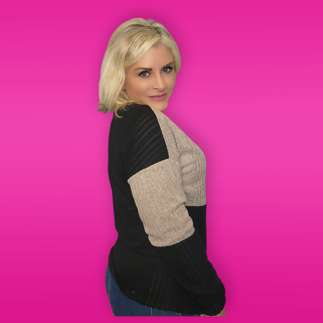 Black Colorblock Textured Knit Top