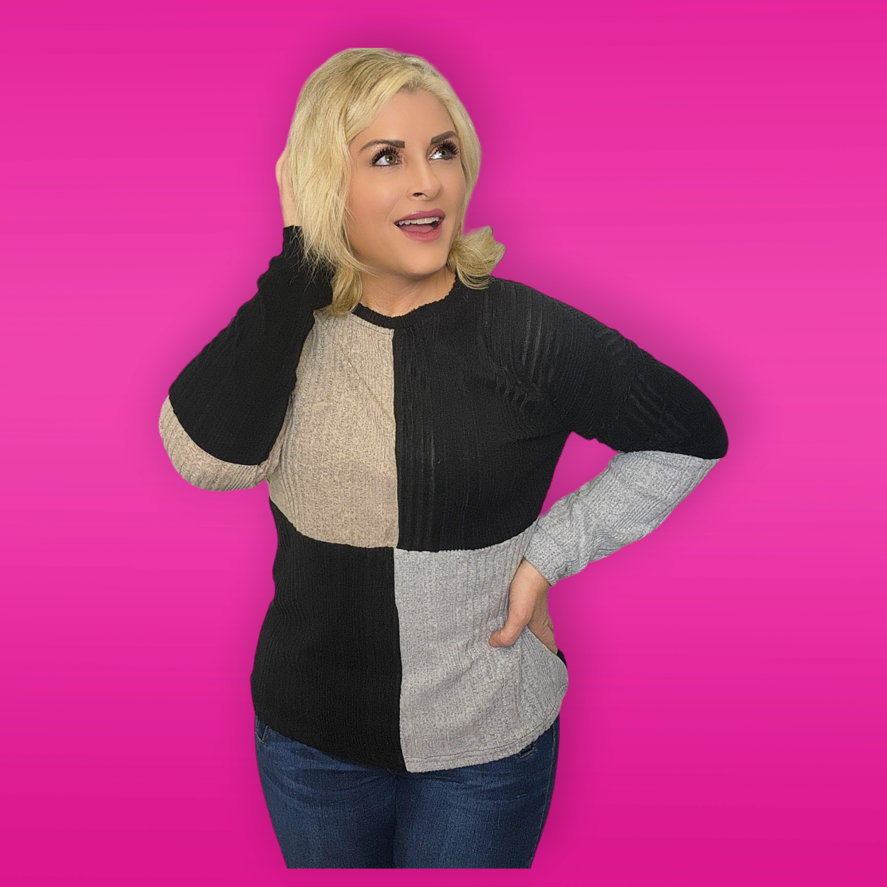 Black Colorblock Textured Knit Top