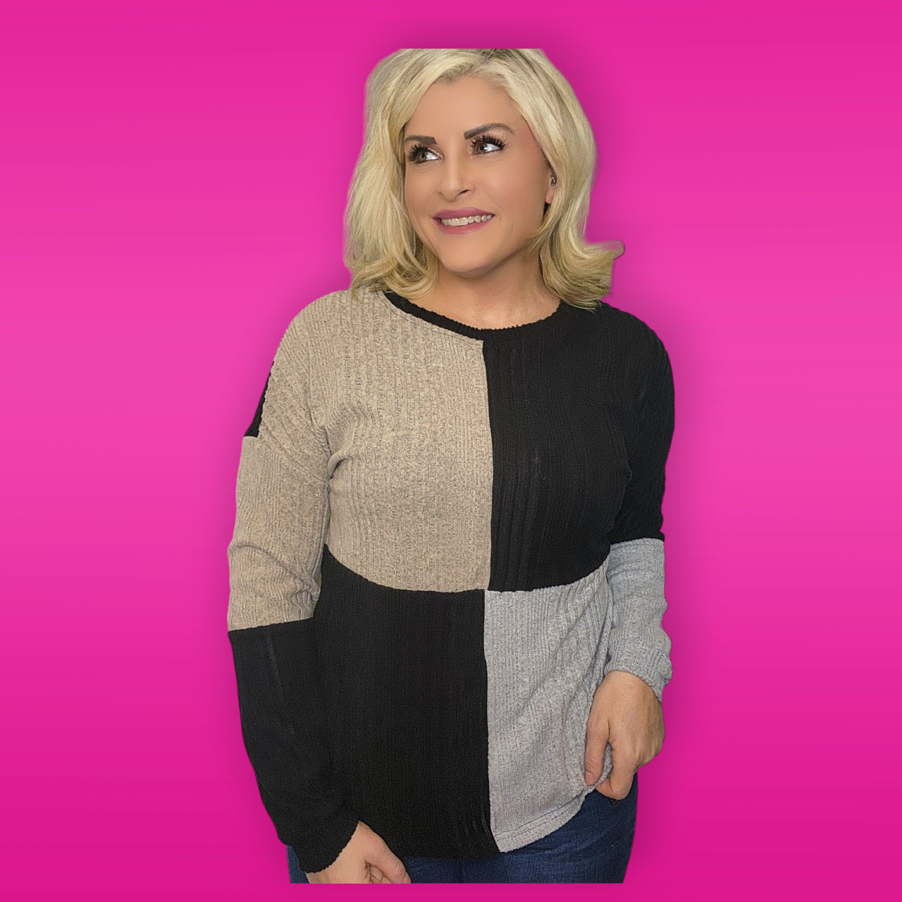 Black Colorblock Textured Knit Top