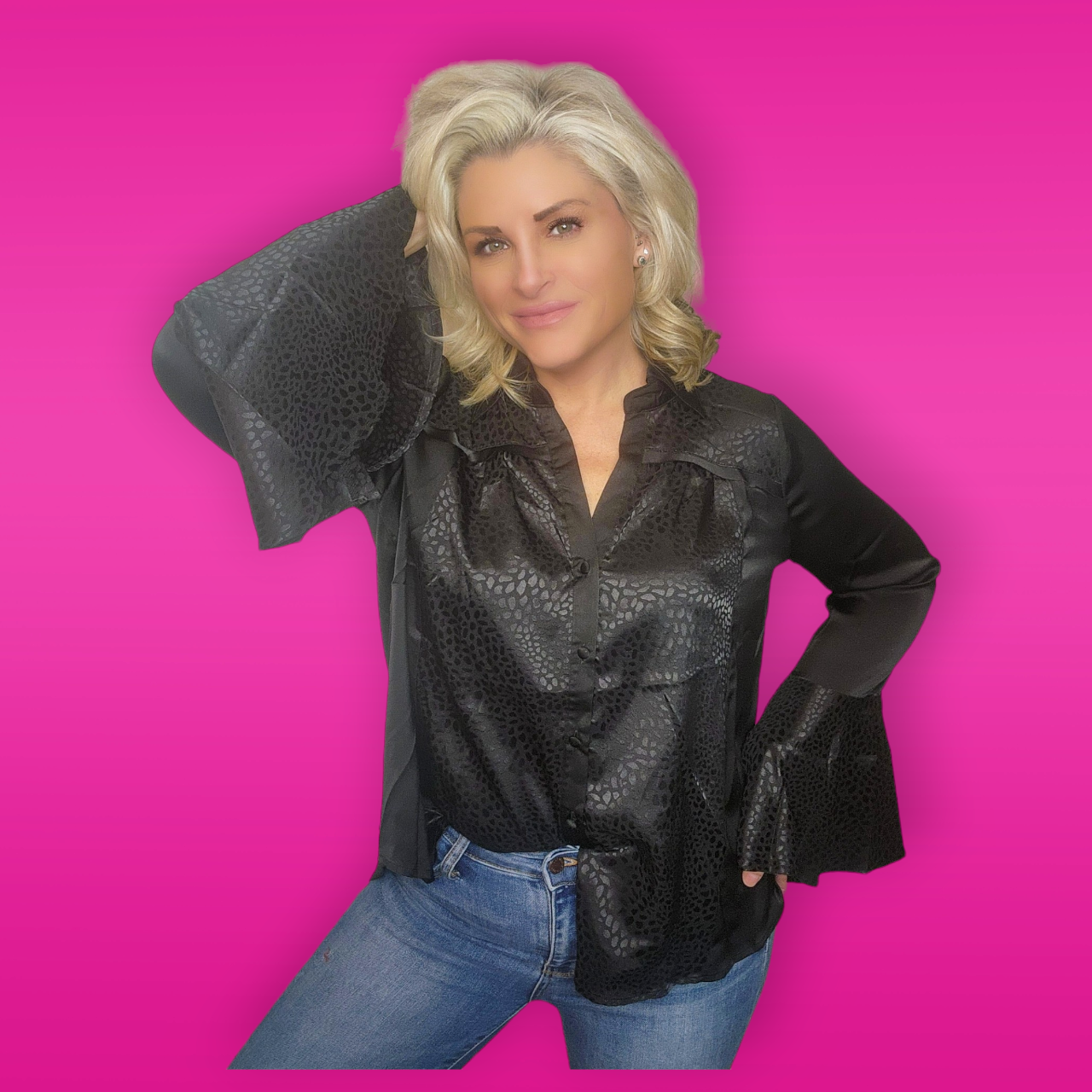 Long Sleeve Silky Satin Black Button-Up with Bell Sleeves