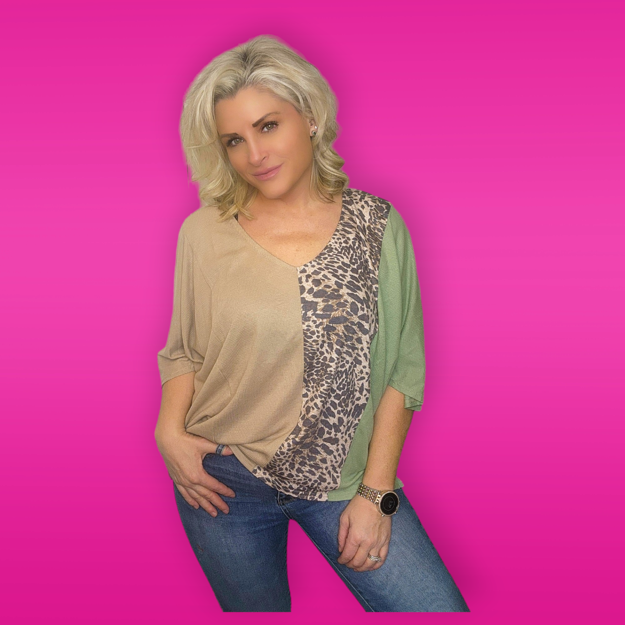 Color Block Animal Print Short Sleeve