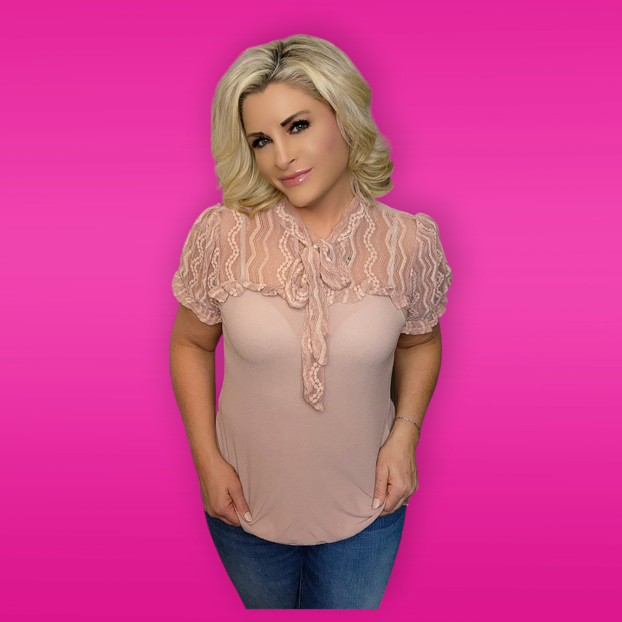 Pink Lace Tie Short Sleeve