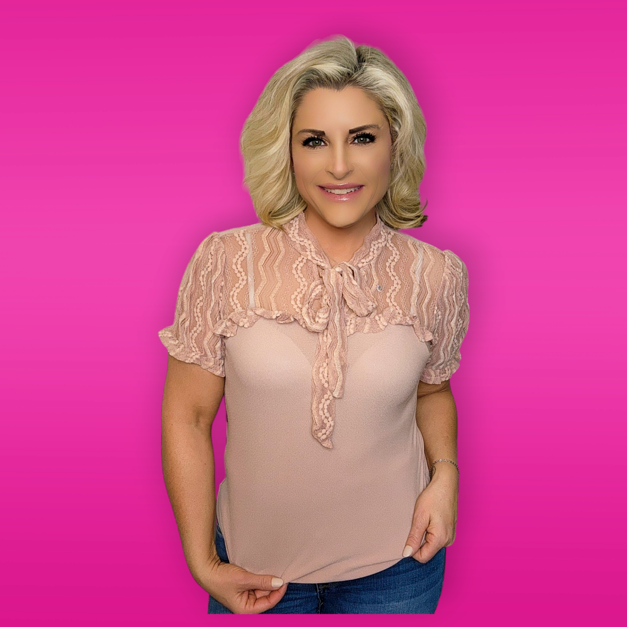 Pink Lace Tie Short Sleeve