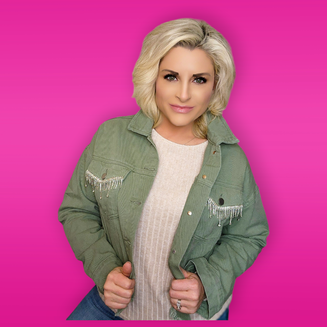Green Denim Jacket with Rhinestone Accents