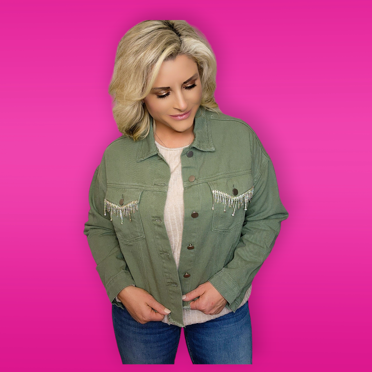Green Denim Jacket with Rhinestone Accents