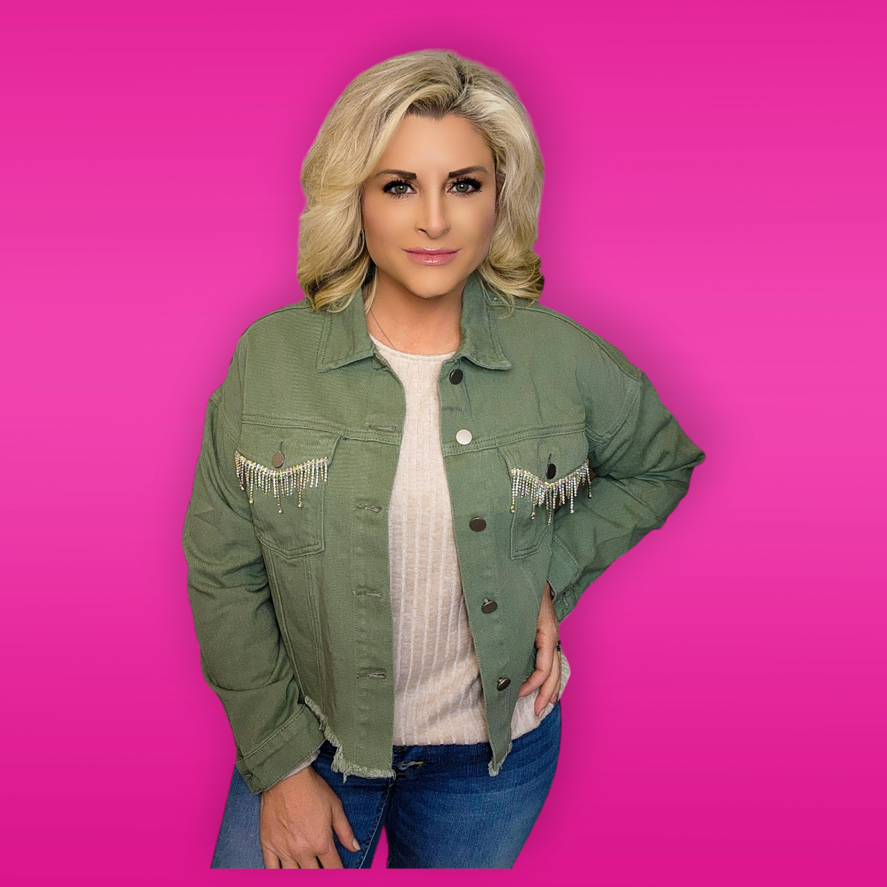 Green Denim Jacket with Rhinestone Accents