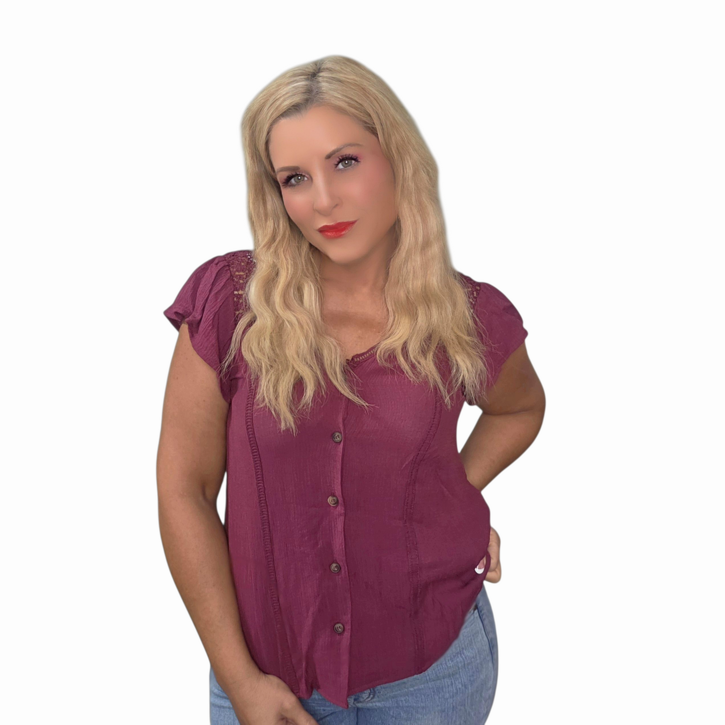 Burgundy V Neck Short Sleeve