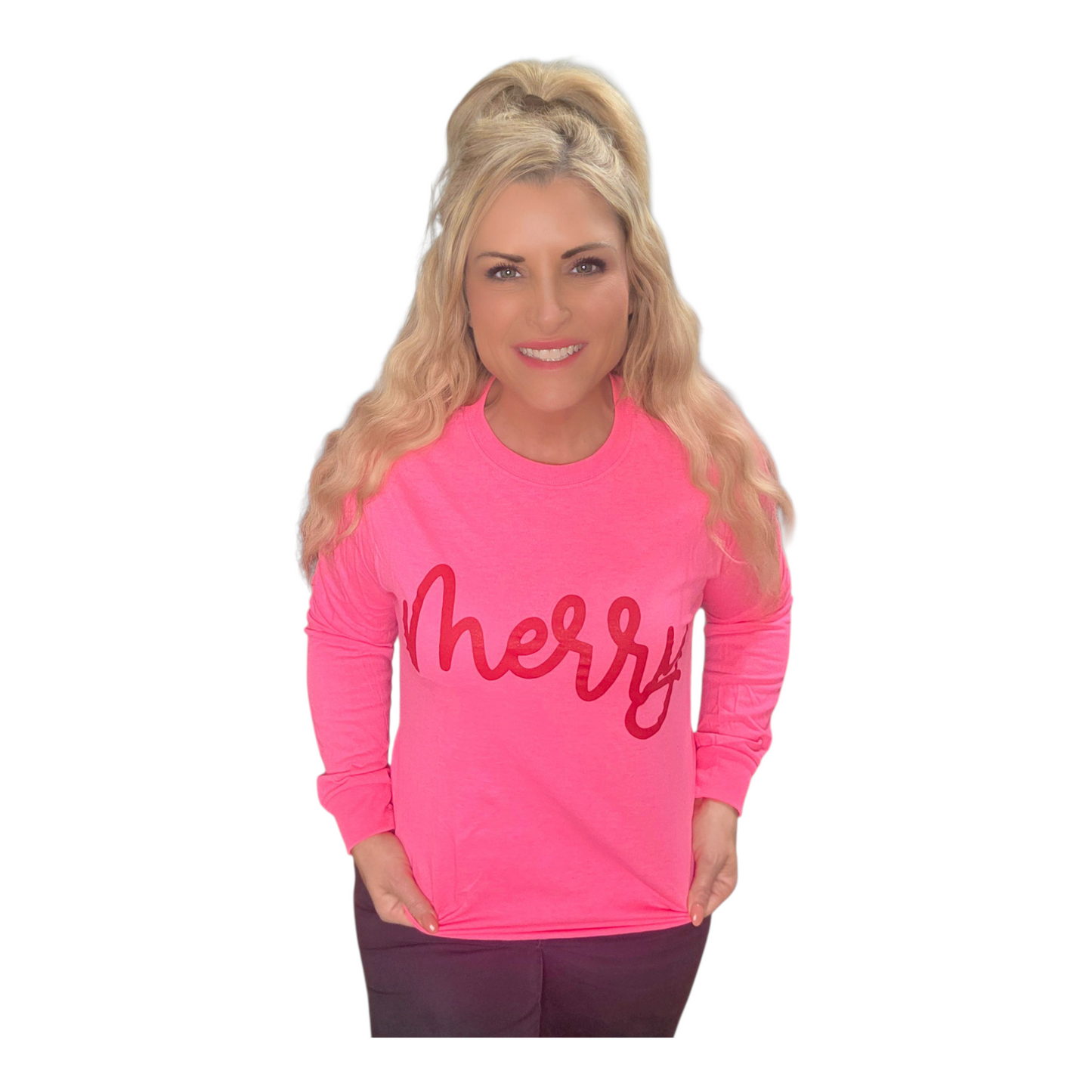 Merry (pink long sleeve with red writing)