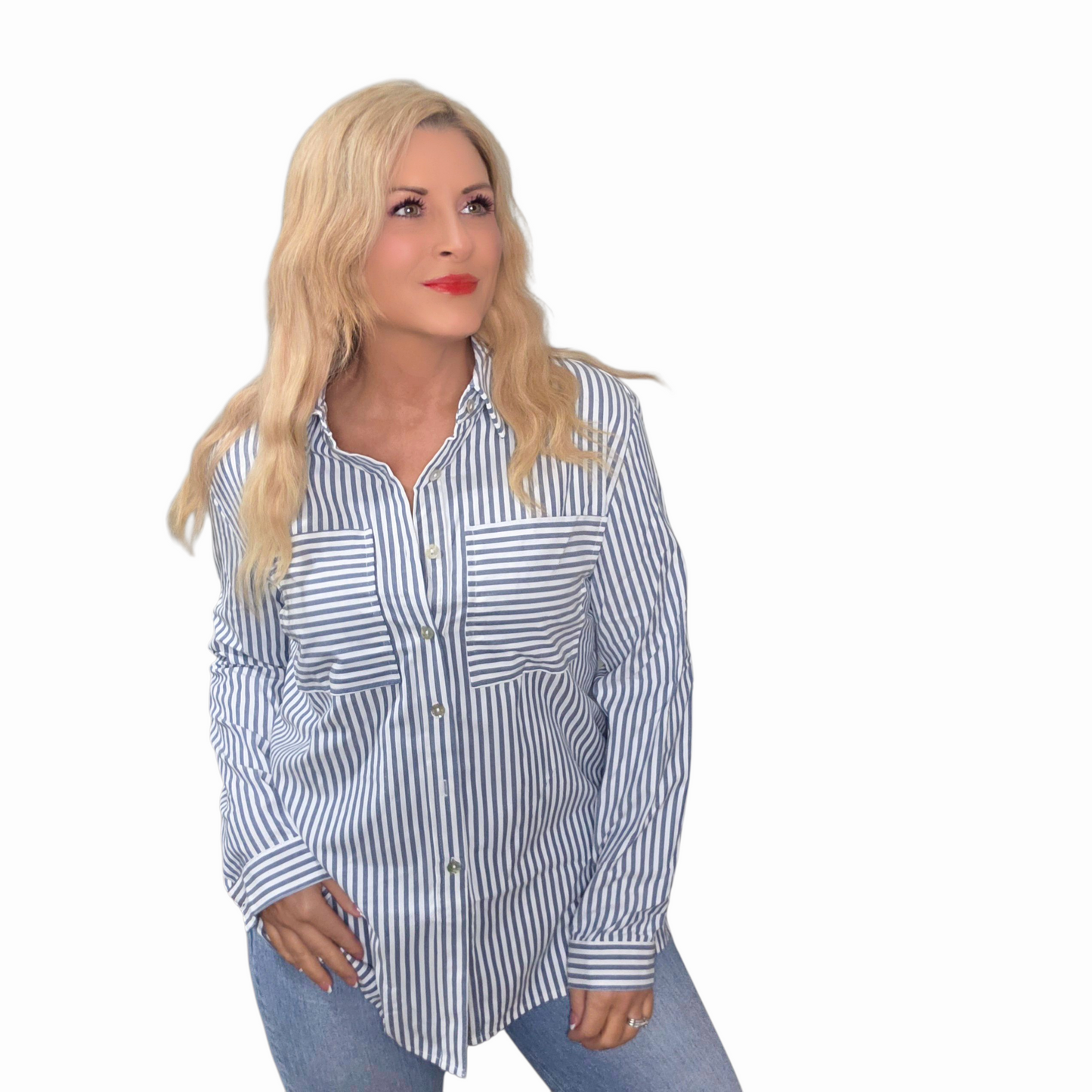 Stripe Pocketed Button Long Sleeve