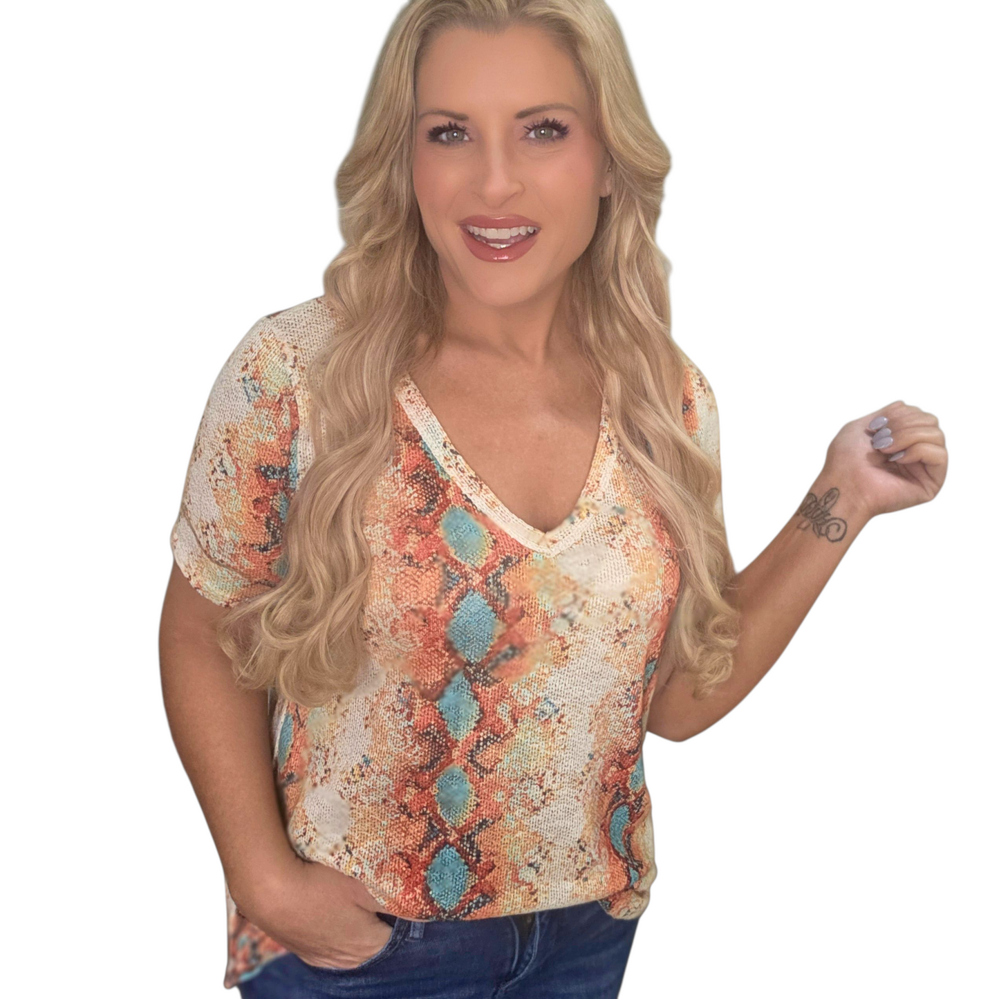 Coral & Teal Snake Skin Short Sleeve