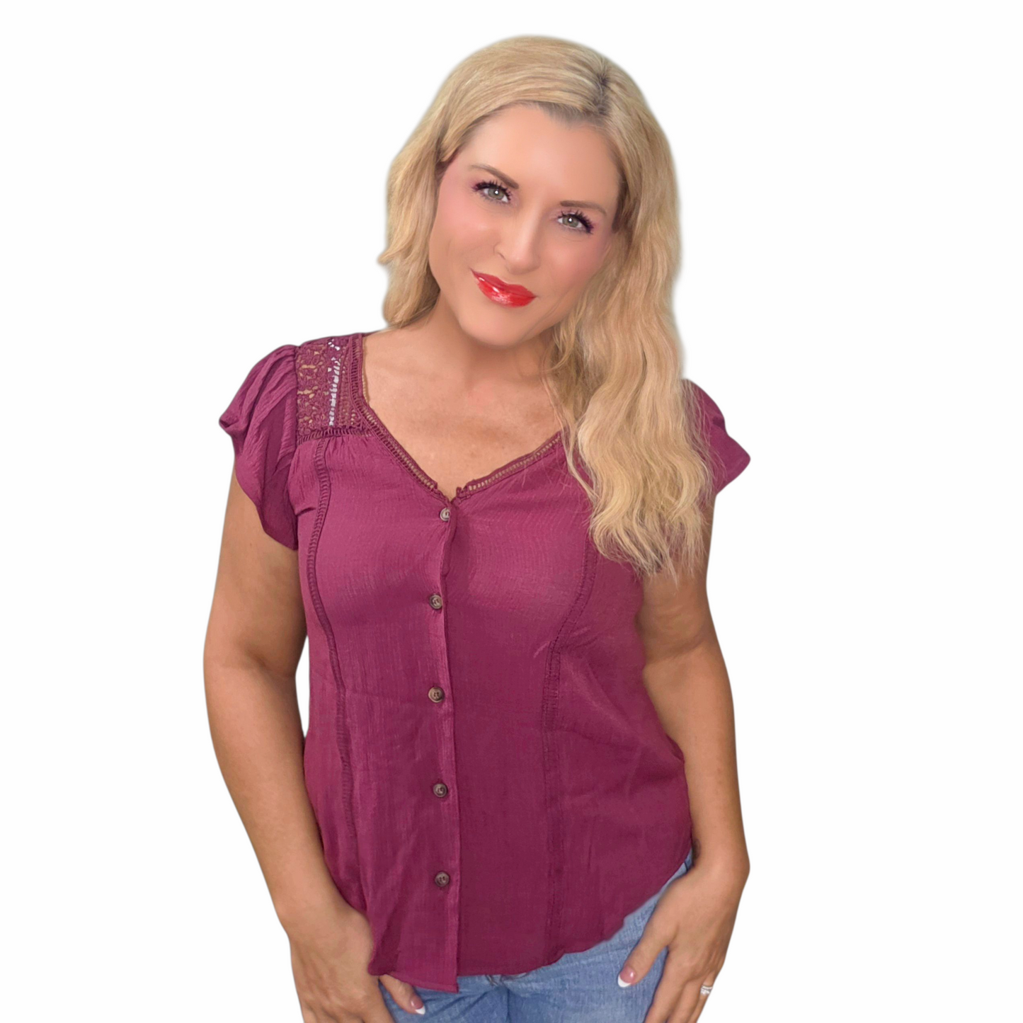 Burgundy V Neck Short Sleeve