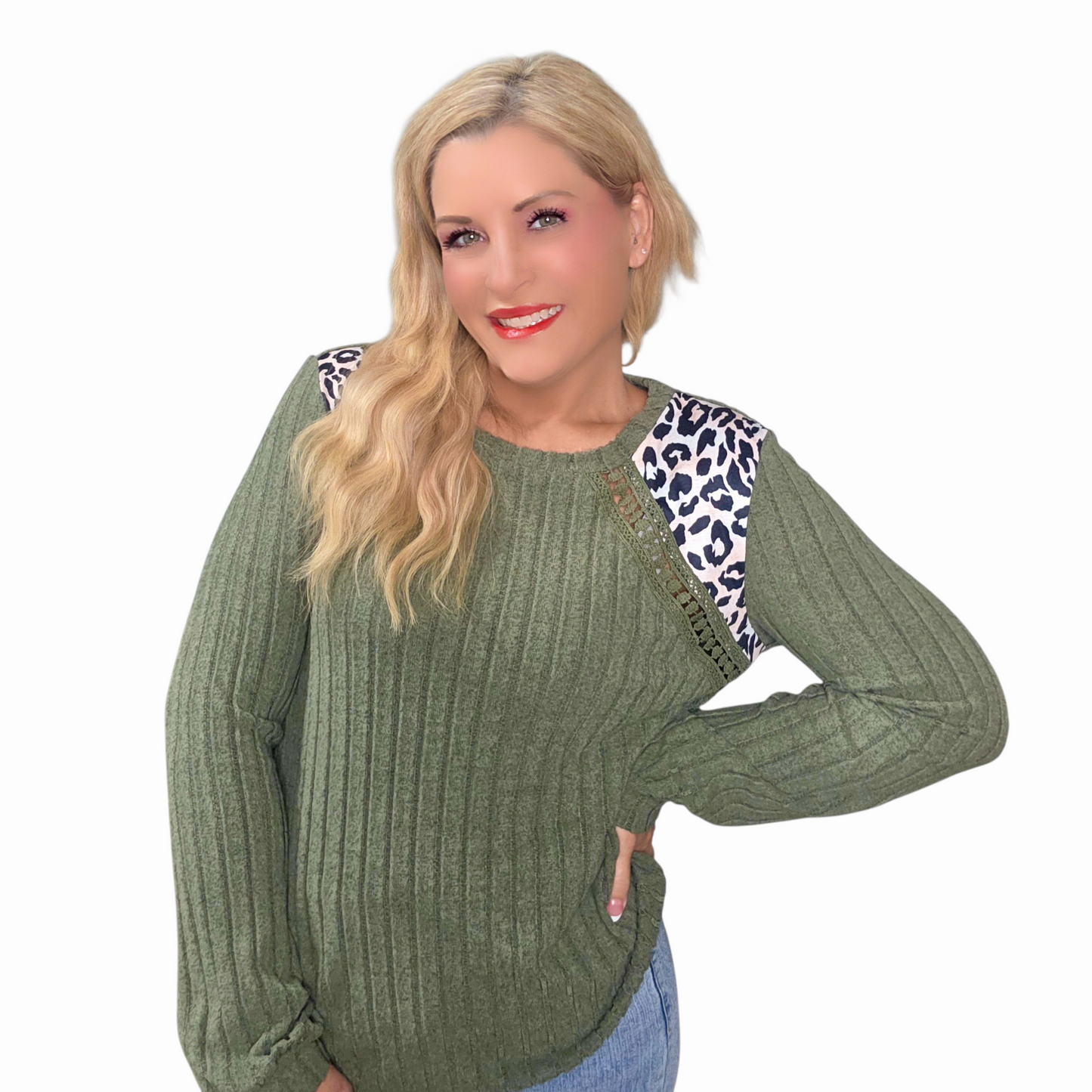 Green Leopard Print Crochet Patchwork Rib Textured Knit Top