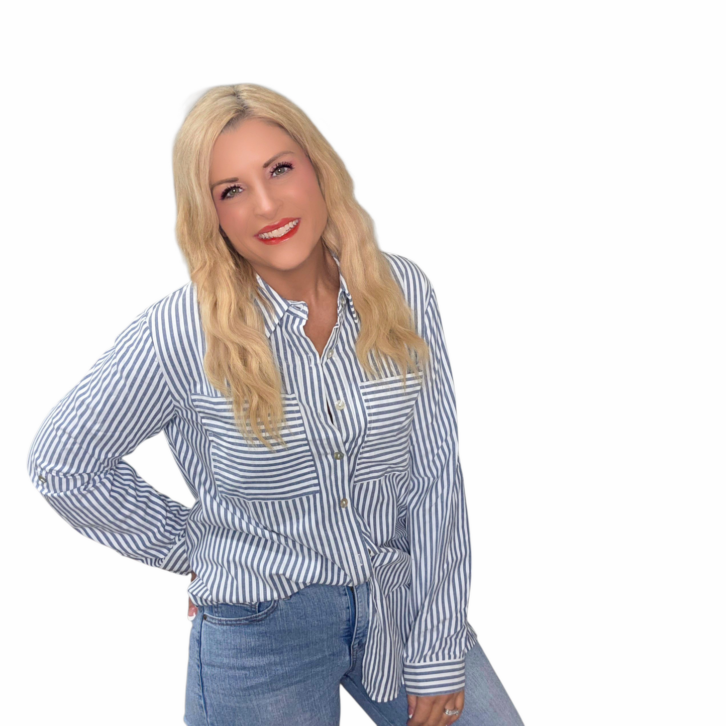 Stripe Pocketed Button Long Sleeve