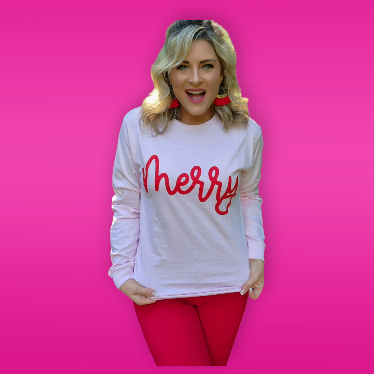 Merry Long Sleeve (light pink with red)