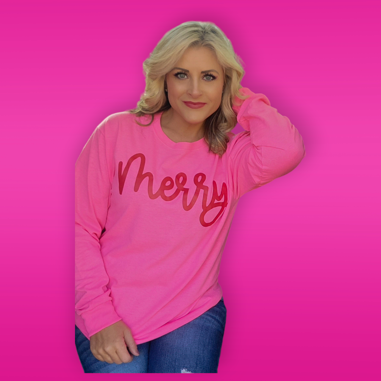Merry (pink long sleeve with red writing)