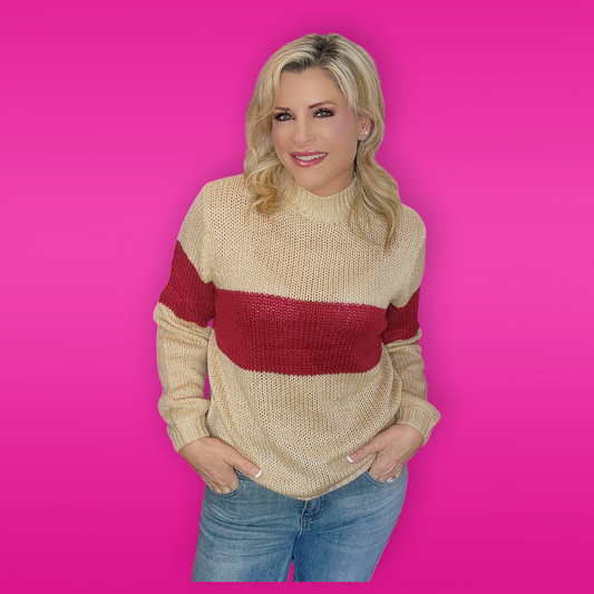 Knit Sweater with Burgundy Stripe