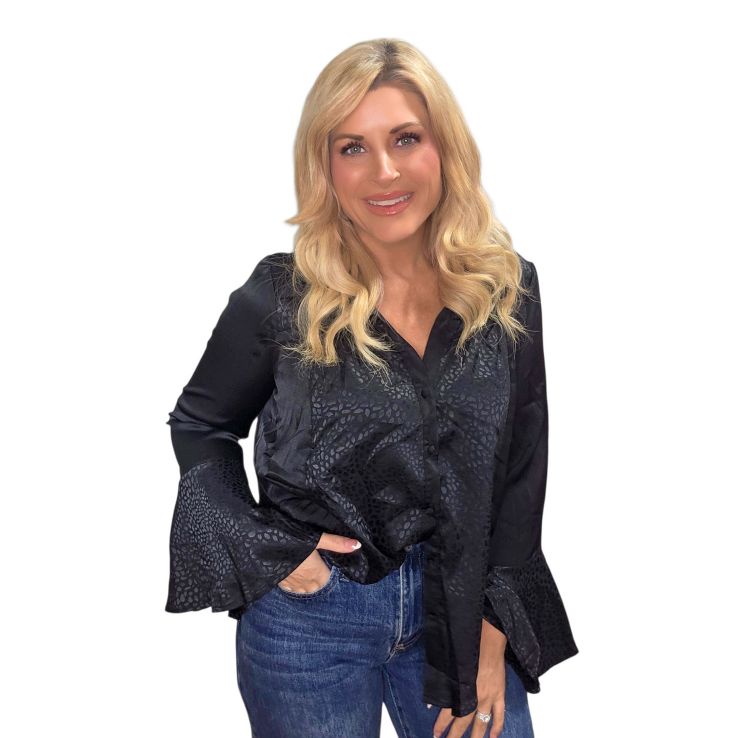 Long Sleeve Silky Satin Black Button-Up with Bell Sleeves