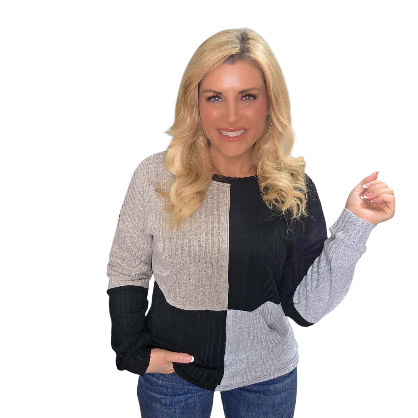 Black Colorblock Textured Knit Top