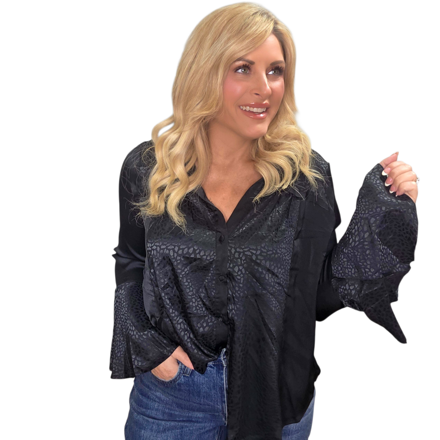 Long Sleeve Silky Satin Black Button-Up with Bell Sleeves