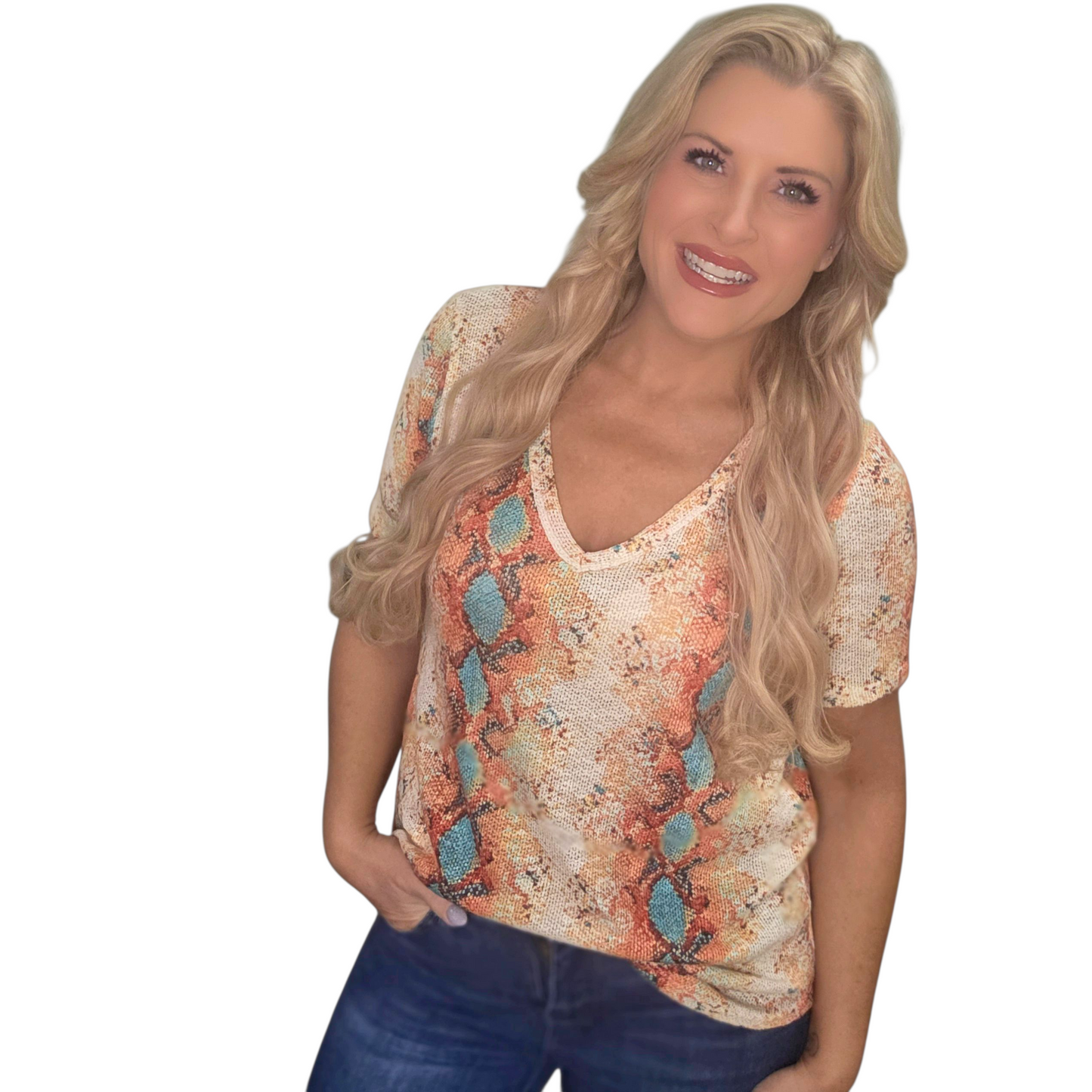 Coral & Teal Snake Skin Short Sleeve