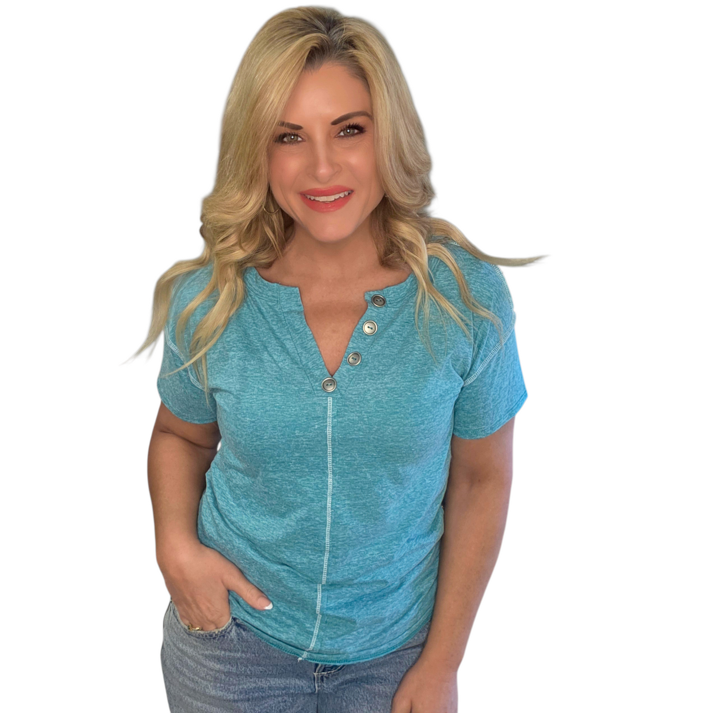 Teal Exposed Seam Short Sleeve
