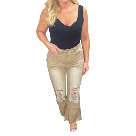 90s Distressed High Rise Tan Flare