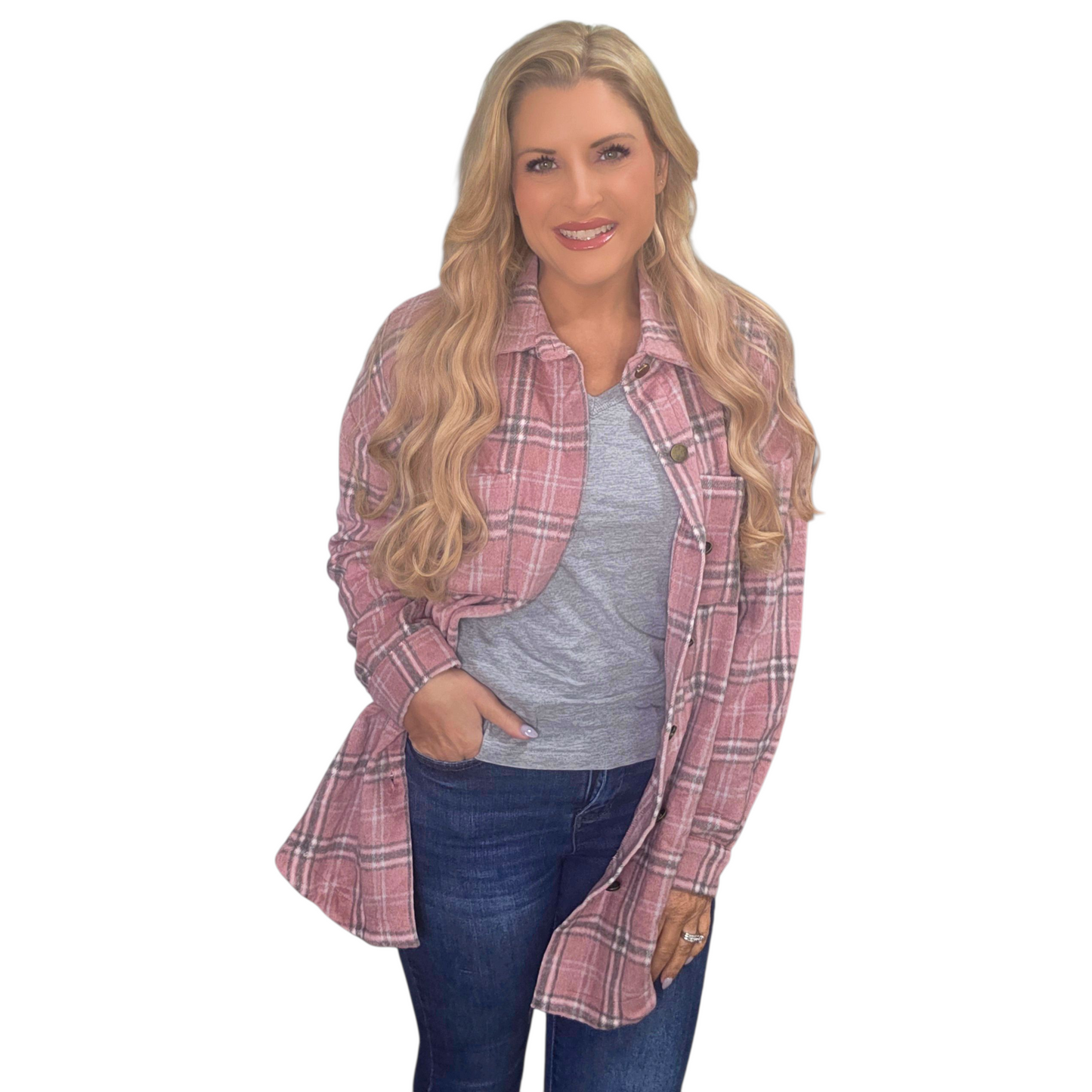 Pink Plaid Button Down Shacket