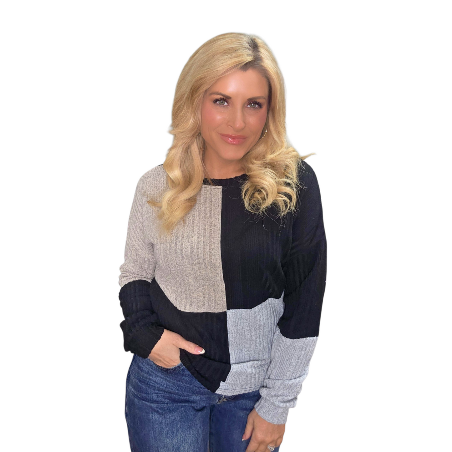 Black Colorblock Textured Knit Top