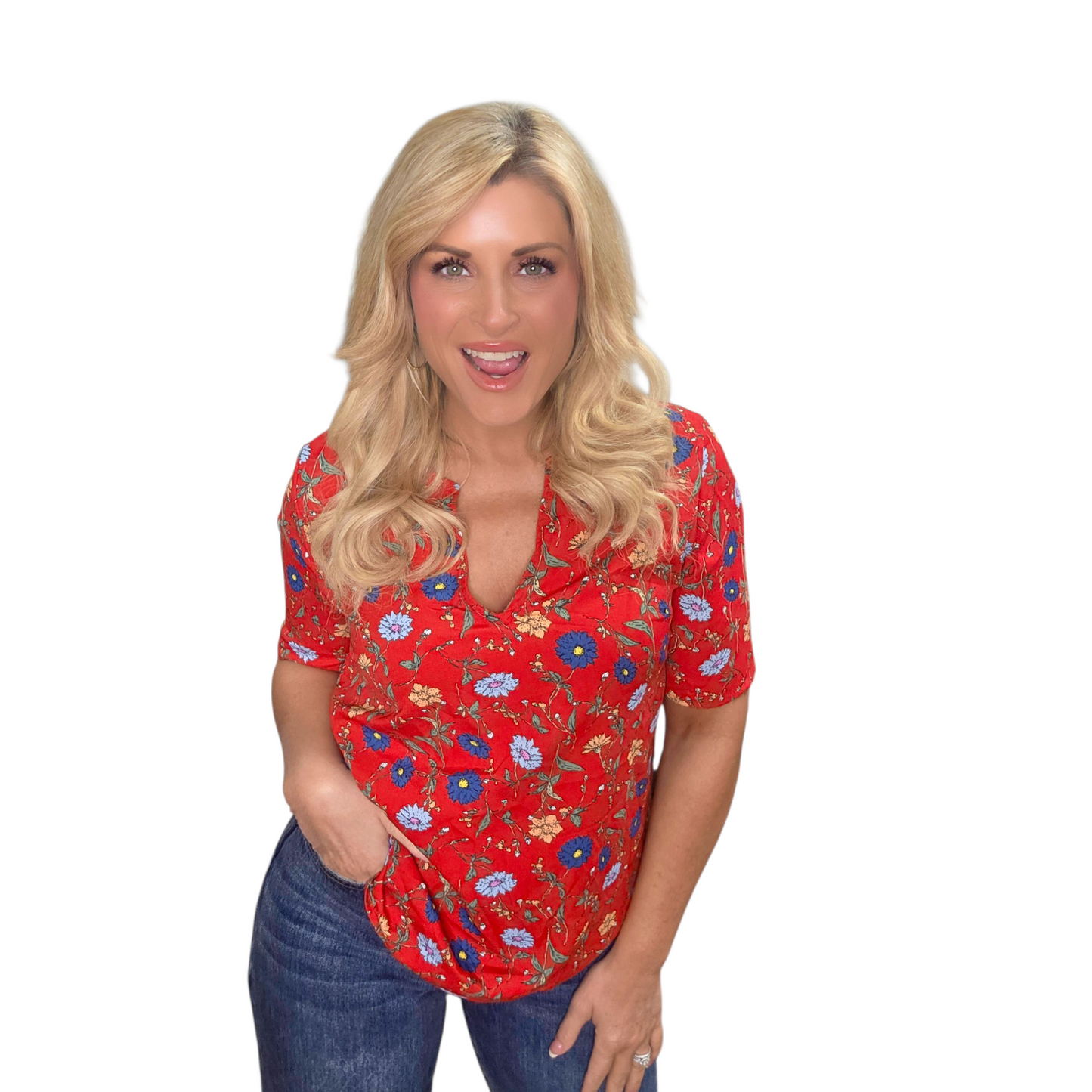 Red Floral Short Sleeve