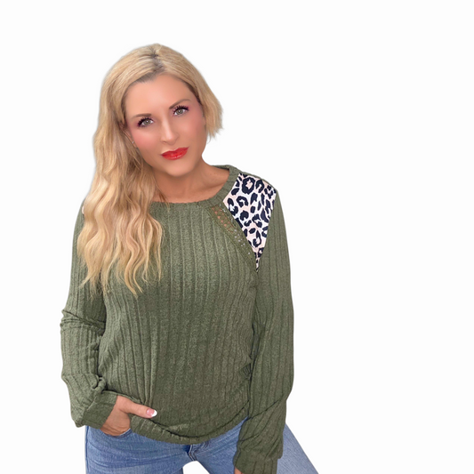 Green Leopard Print Crochet Patchwork Rib Textured Knit Top
