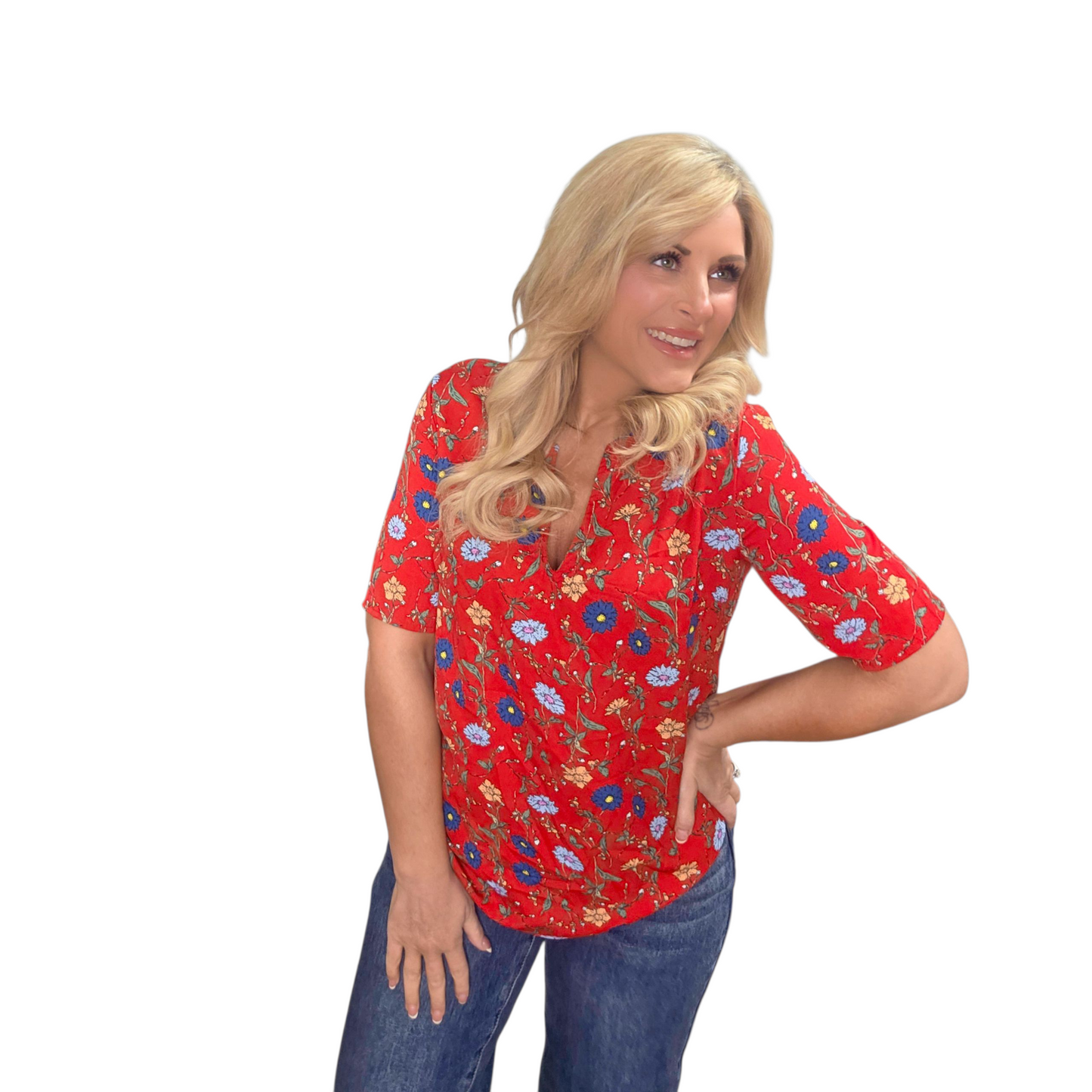 Red Floral Short Sleeve