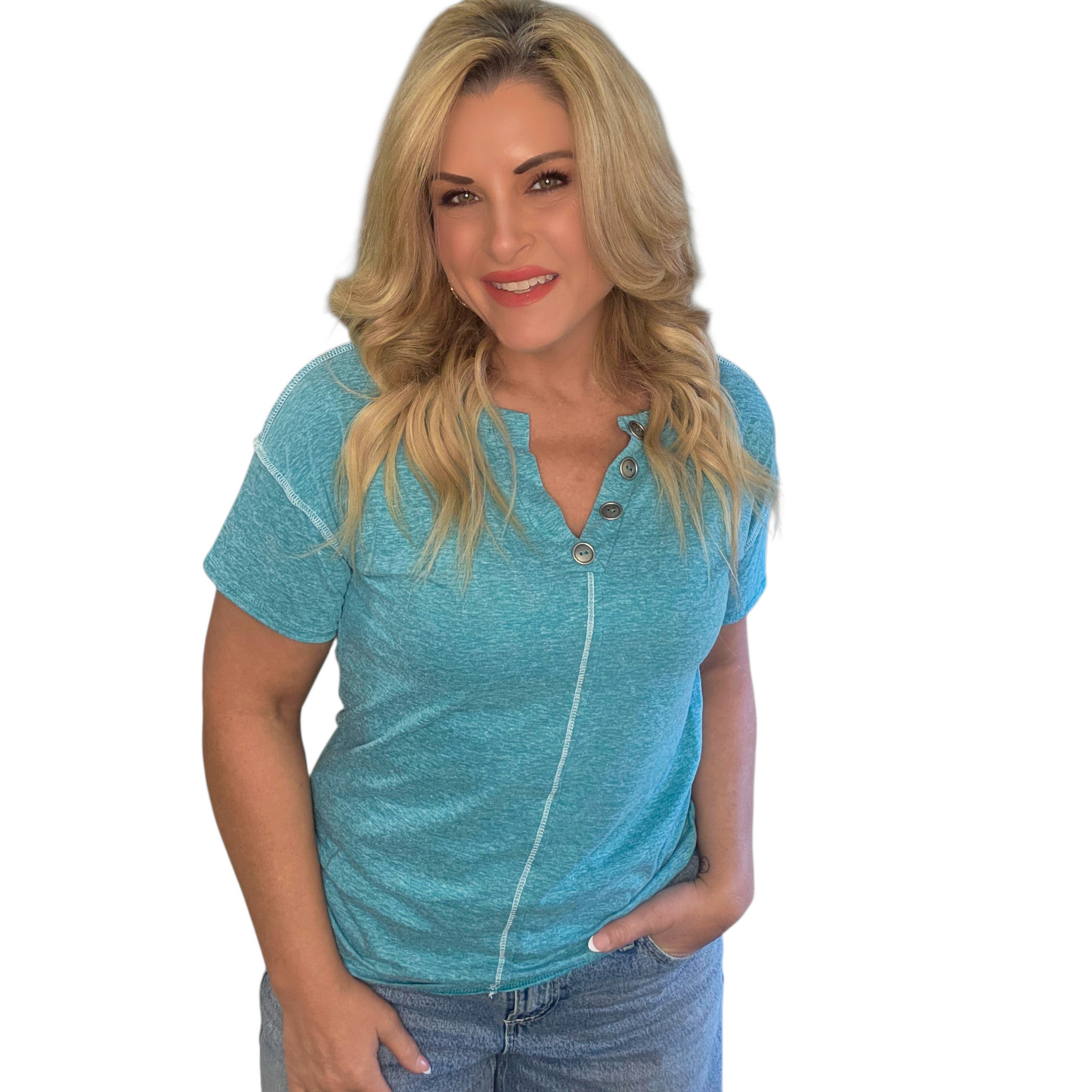 Teal Exposed Seam Short Sleeve