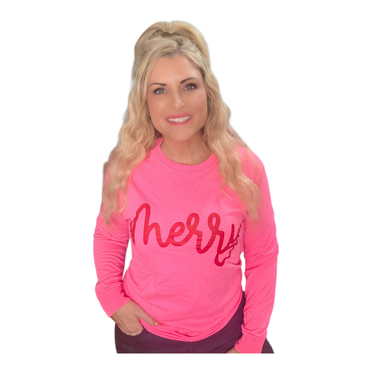 Merry (pink long sleeve with red writing)