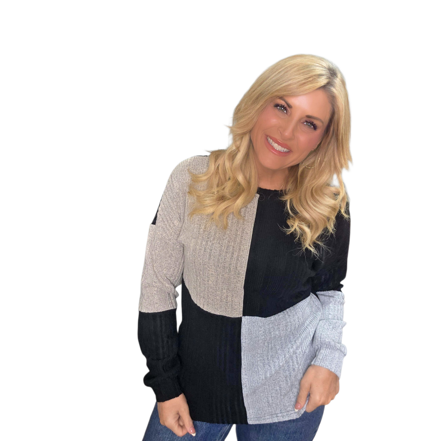 Black Colorblock Textured Knit Top