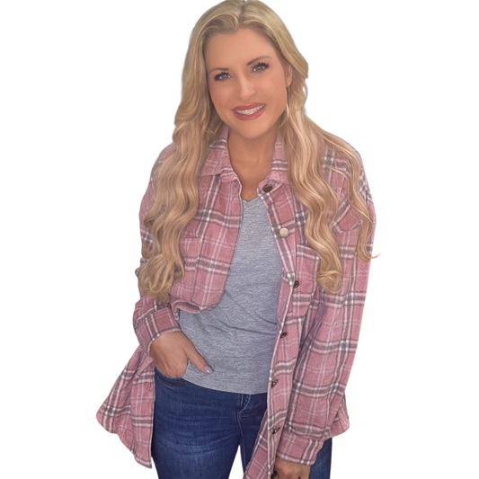 Pink Plaid Button Down Shacket